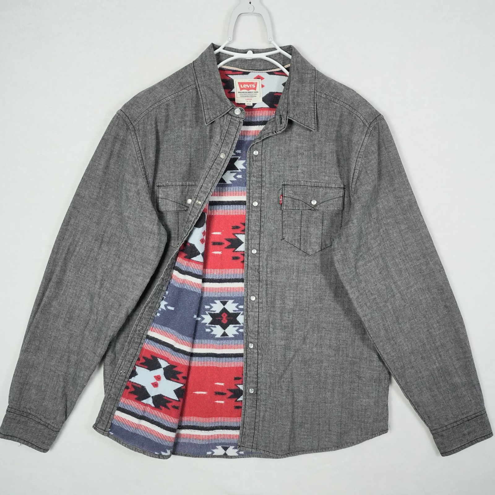 Levis Mens Gray Pearl Snap Western Shirt Southwestern Lined 3ldlw105 Large